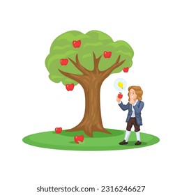 Isaac Newton Beside The Apple Tree. Discoverer Of The Theory Of Gravity Scene Cartoon Illustration Vector