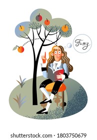 Isaac Newton character in vintage suit sitting on chair under apple tree holding book. Fruit falling on man head. Great english discoverer scientist. Gravity law. Physics, science. Vector illustration