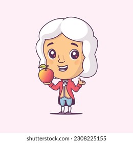 Isaac Newton chibi style cartoon character holding an apple vector illustration