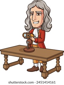 Isaac Newton inventing reflecting telescope vector illustration
