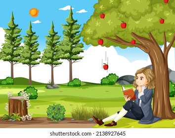 Isaac Newton sitting under apple tree illustration