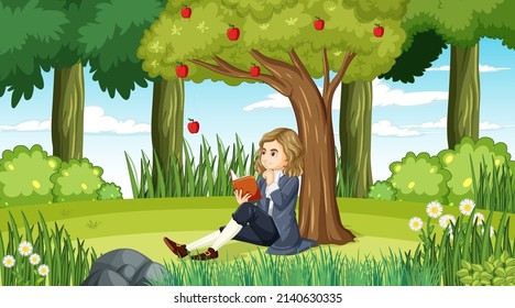 Isaac Newton sitting under apple tree illustration