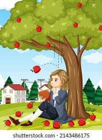Isaac Newton sitting under apple tree illustration
