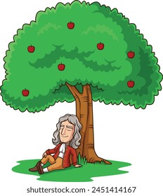 Isaac Newton under apple tree vector illustration