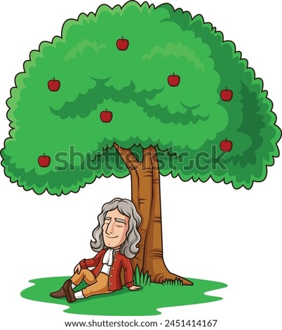 Isaac Newton under apple tree vector illustration