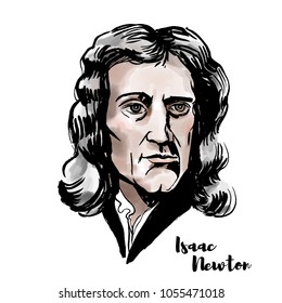 Isaac Newton watercolor vector portrait with ink contours. English mathematician, astronomer, theologian, author and physicist.