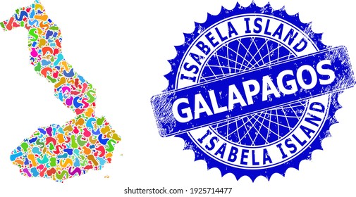 Planilla del mapa de la isla Isabela de Galápagos. Mapa de mosaicos de salpicaduras y sello de goma para la isla Isabela de Galápagos. Marca azul rosetón nítida con etiqueta para el mapa de la isla Isabela de Galápagos.