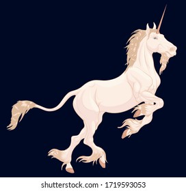 Isabelline unicorn prances and rears, bending its front legs. Illustration of a heraldic horned stallion with a long lion tail and cloven hooves. Folklore and mythological character.