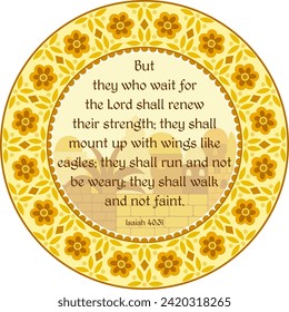 Isaiah 40:31 - But they who wait for the Lord shall renew their strength. Decorative bible verse. Old biblical city template and golden ornament frame