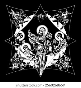 Isaiah prophet on cross dome with 4 apostles, angels and seraphim. Ink illustration black and white in Byzantine style isolated