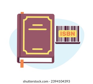 ISBN sign next to book. Barcode for scanning, international publishing identificatory. Commercial standard literature, label or emblem on notebook. Cartoon flat isolated vector concept