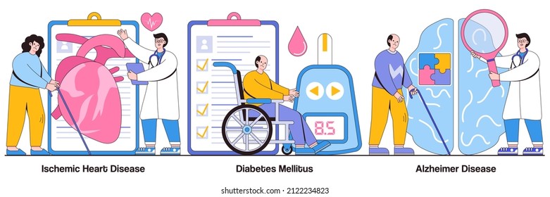 Ischemic Heart Disease, Diabetes Mellitus, Alzheimer Concept With People Character. Elderly People Health Problems Vector Illustration Set. Dementia, Coronary Artery, Blood Sugar, Memory Loss.