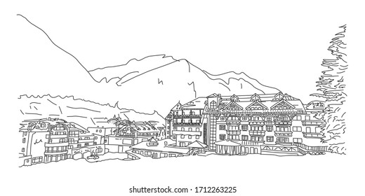 Ischgl empty ski resort, beautiful panorama sketch. Cancellation tourist season during quarantine. Closed hotel business in Europe due to pandemic. Snowy alpine slopes. Vector illustration