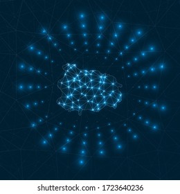Ischia digital map. Glowing rays radiating from the island. Network connections and telecommunication design. Vector illustration.