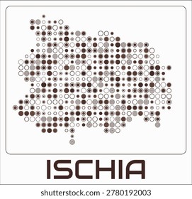 Ischia digital style map. Large circle dots on white background. Dotted shape of the island. Ischia map and title. Amazing vector illustration.