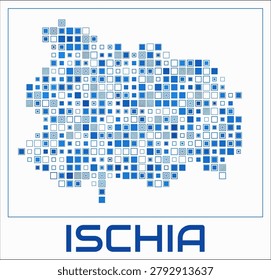 Ischia digital style map. Large square dots on white background. Dotted shape of the island. Ischia map and title. Elegant vector illustration.