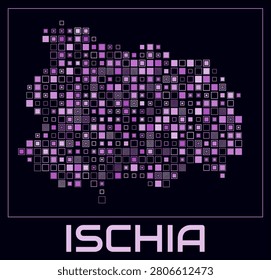 Ischia digital style map. Large square dots on dark background. Dotted shape of the island. Ischia map and title. Elegant vector illustration.