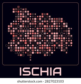 Ischia digital style map. Large roundedSquare dots on dark background. Dotted shape of the island. Ischia map and title. Modern vector illustration.