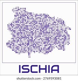 Ischia digital style map. Small square dots on white background. Dotted shape of the island. Ischia map and title. Creative vector illustration.
