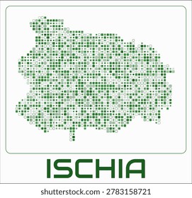 Ischia digital style map. Small roundedSquare dots on white background. Dotted shape of the island. Ischia map and title. Elegant vector illustration.