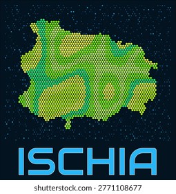 Ischia hexagon dots map. Italy. Digital style shape of the island. Ischia map and title. Tiny green colored hexagons, sparse blue dots at background. Vector Illustration.