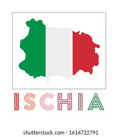 Ischia Logo. Map of Ischia with island name and flag. Attractive vector illustration.