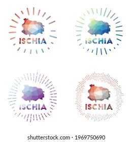 Ischia low poly sunburst set. Logo of island in geometric polygonal style. Vector illustration.