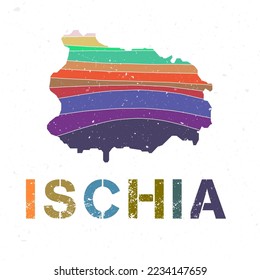 Ischia map design. Shape of the island with beautiful geometric waves and grunge texture. Radiant vector illustration.