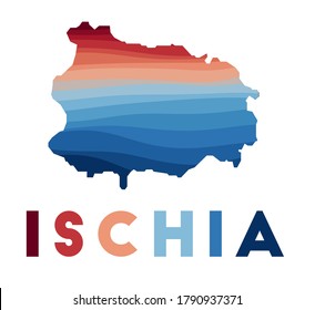 Ischia map. Map of the island with beautiful geometric waves in red blue colors. Vivid Ischia shape. Vector illustration.