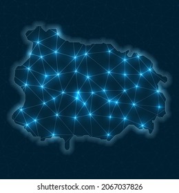 Mapa de la red de Ischia. Mapa geométrico abstracto de la isla. Conexiones digitales y diseño de telecomunicaciones. Red de Internet brillante. Ilustración vectorial radiante.
