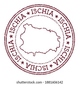 Ischia round rubber stamp with island map. Vintage red passport stamp with circular text and stars, vector illustration.