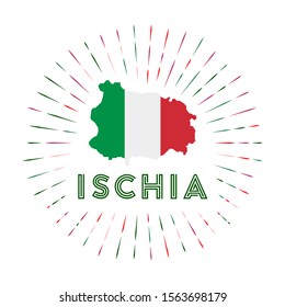 Ischia sunburst badge. The island sign with map of Ischia with Italian flag. Colorful rays around the logo. Vector illustration.