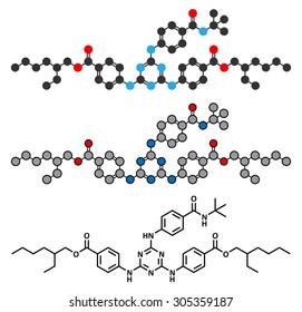 Iscotrizinol sunscreen molecule (UV filter). Stylized 2D renderings and conventional skeletal formula.