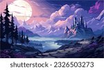 Isekai anime scene with castle on the background and forest, vector art, japanese animation style, sunny and colorful, rock path, river
