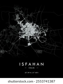 Isfahan vector print map in dark theme. Detailed map of Isfahan in Iran. Best free vector illustration. Tourist decorative minimalist street map.