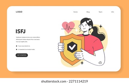 ISFJ MBTI type. Character with introverted, observant, feeling, and judging personality traits. Human personality psychological test. Personal and professional growth. Flat vector illustration