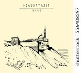 Ishak Pasha Palace in Dogubayazit, Eastern Turkey, Asia. Vintage hand drawn touristic  postcard, poster, calendar or book illustration in vector