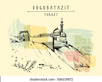 Ishak Pasha Palace in Dogubayazit, Eastern Turkey, Asia. Vintage hand drawn touristic  postcard, poster, calendar or book illustration in vector