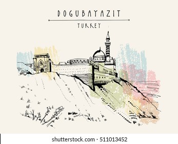 Ishak Pasha Palace in Dogubayazit, Eastern Turkey, Asia. Vintage hand drawn touristic  postcard, poster, calendar or book illustration in vector