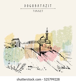 Ishak Pasha Palace in Dogubayazit, Eastern Turkey, Asia. Vintage hand drawn touristic  postcard, poster, calendar or book illustration in vector