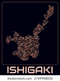 Ishigaki digital style map. Small circle dots on dark background. Dotted shape of the island. Ishigaki map and title. Modern vector illustration.