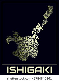 Ishigaki digital style map. Small square dots on dark background. Dotted shape of the island. Ishigaki map and title. Stylish vector illustration.