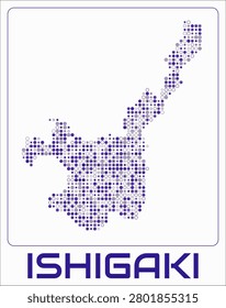 Ishigaki digital style map. Small circle dots on white background. Dotted shape of the island. Ishigaki map and title. Elegant vector illustration.