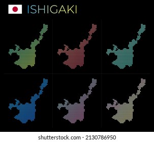Ishigaki dotted map set. Map of Ishigaki in dotted style. Borders of the island filled with beautiful smooth gradient circles. Elegant vector illustration.