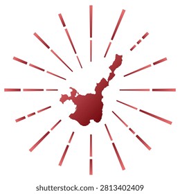 Ishigaki gradiented sunburst. Map of the island with colorful star rays. Ishigaki illustration in digital, technology, internet, network style. Vector illustration.