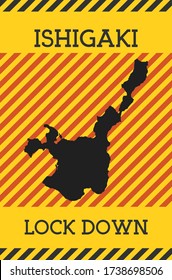 Ishigaki Lock Down Sign. Yellow island pandemic danger icon. Vector illustration.