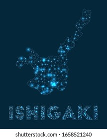 Ishigaki network map. Abstract geometric map of the island. Internet connections and telecommunication design. Stylish vector illustration.