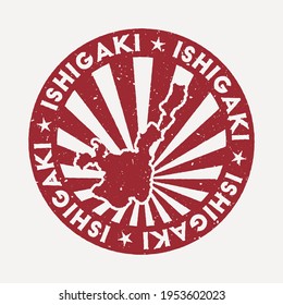 Ishigaki stamp. Travel red rubber stamp with the map of the island, vector illustration. Can be used as insignia, logotype, label, sticker or badge of Ishigaki.