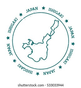 Ishigaki vector map. Retro vintage insignia with island map. Distressed travel stamp with Ishigaki text wrapped around a circle and stars. Ishigaki map vector illustration.