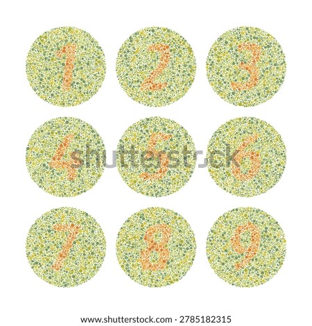 Ishihara Test with Color Blind Test Number from 1 to 9, Diagram Healthcare, Educational Medical Poster Design, Labeled Ishihara Plates Daltonism Color Blindness Disease Perception Blindness.